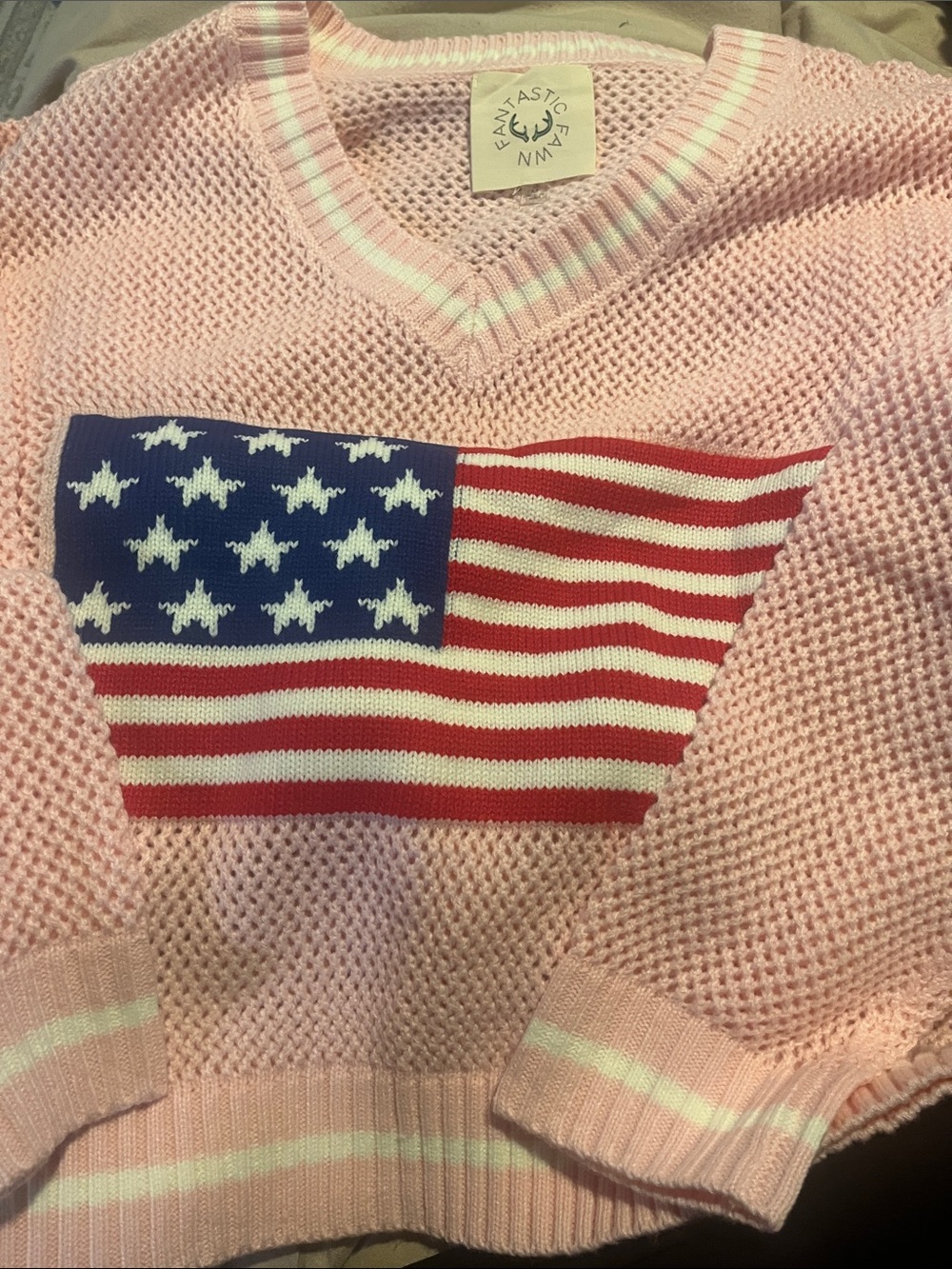 Fantastic Fawn Pink V-Neck Sweater with American Flag Knit - Picture 2 of 4